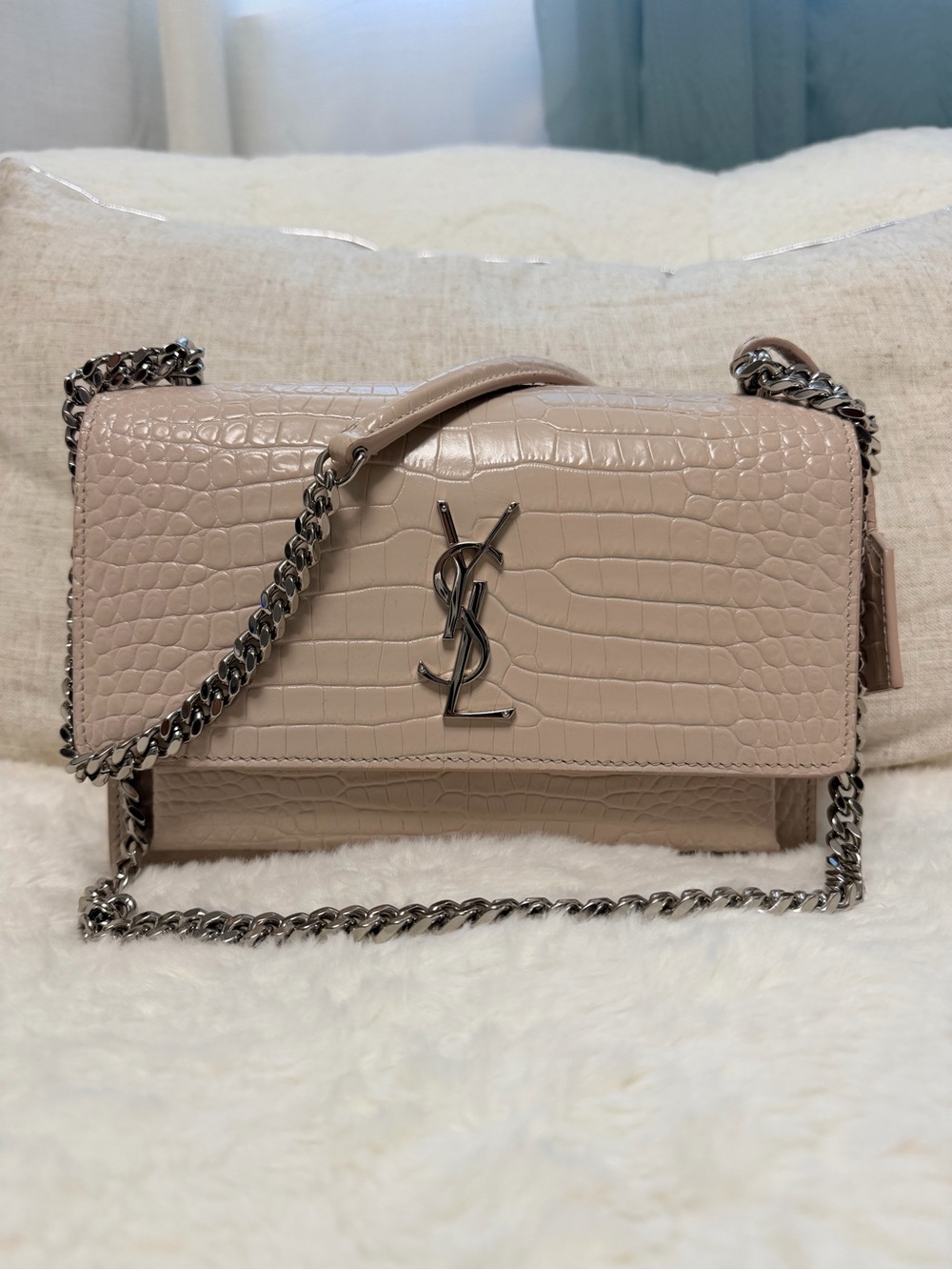 Saint Laurent Pale Blush Croc-Embossed Shoulder Bag with Silver Chain